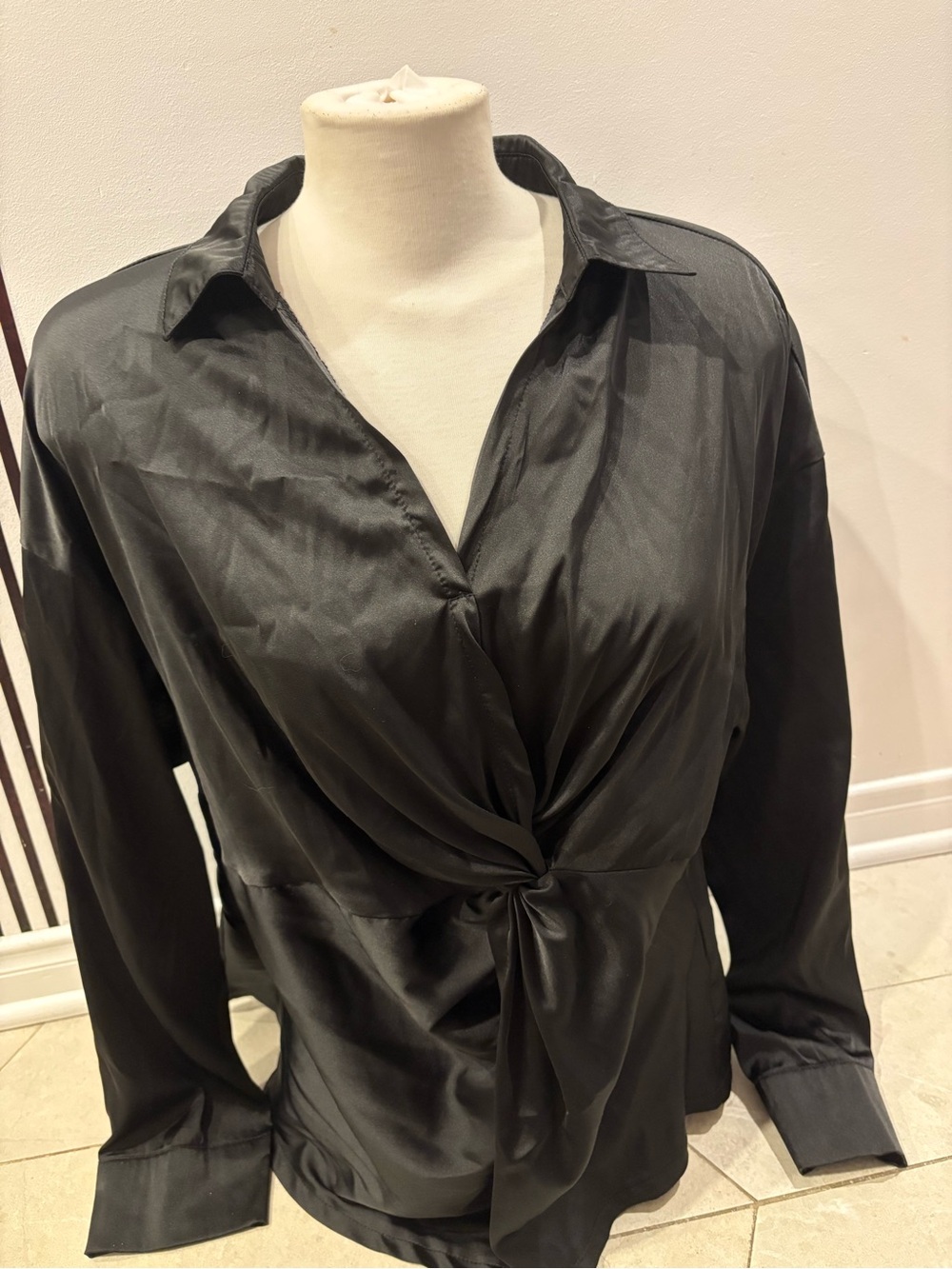 Black Twist-Front Satin Blouse - Women Tops